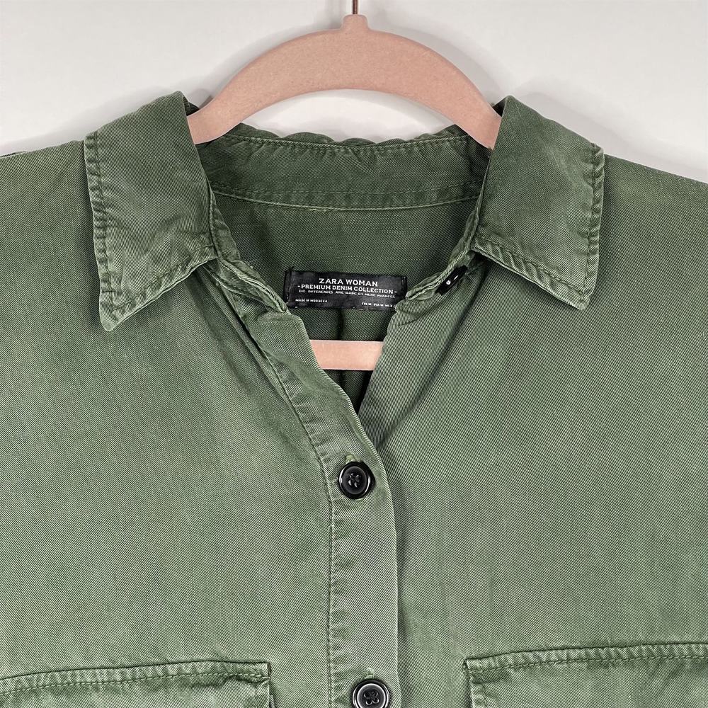 2/$30 ZARA Henley Shirt Dress Medium Green Long Sleeve Side Slit Pockets #7235 - Picture 4 of 16